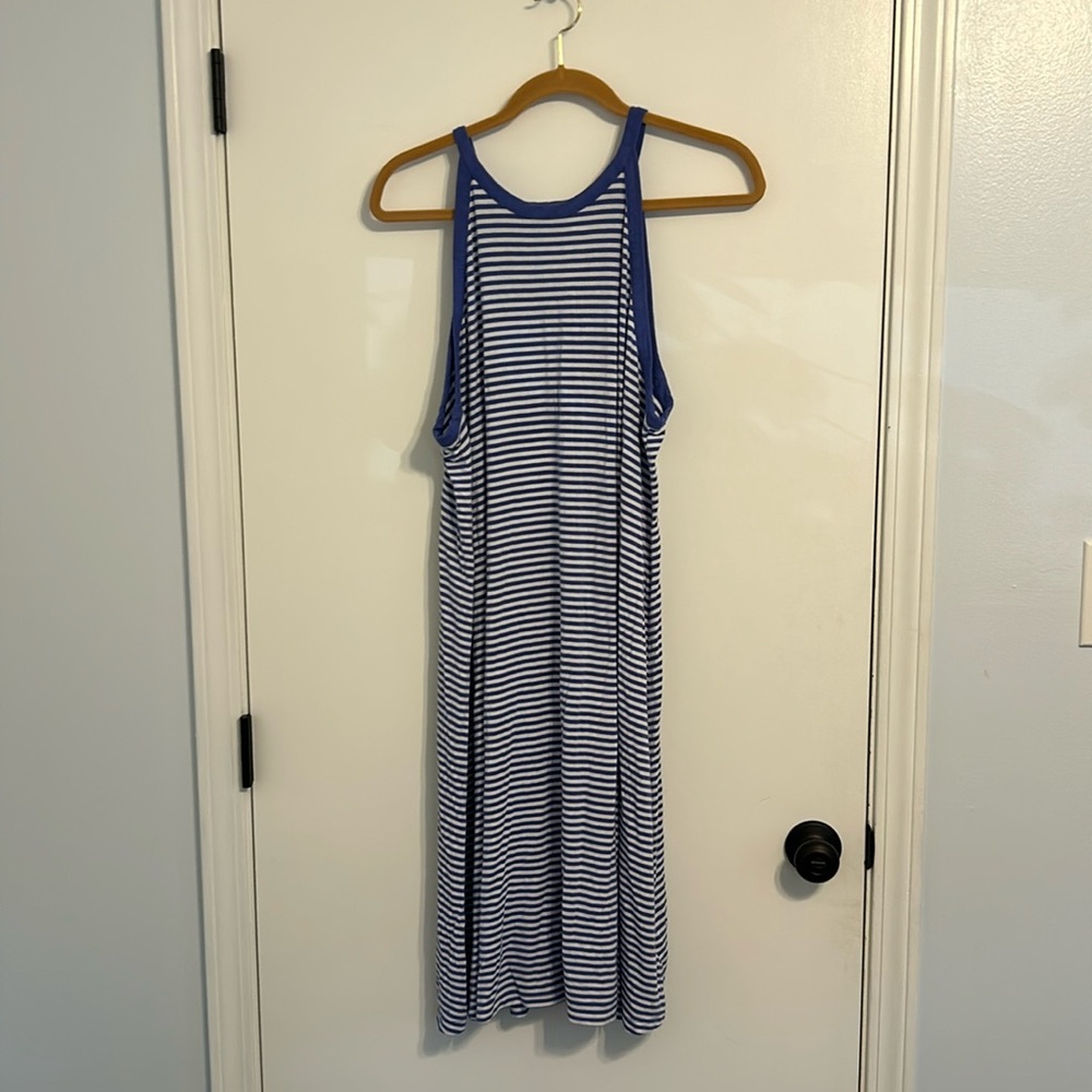 Blue and white striped high neck dress